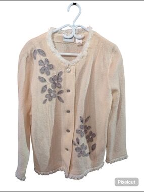Vintage Alfred Dunner Cream Sweater Cardigan with Gray Floral Embroidery